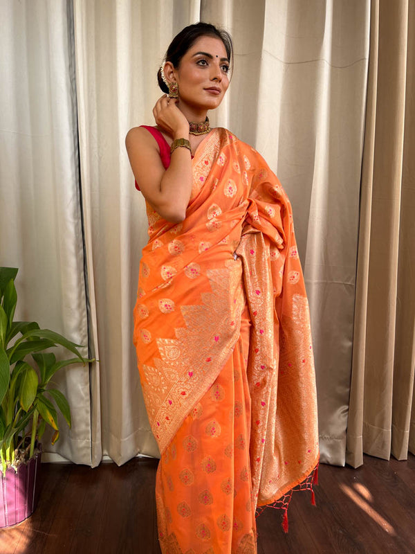 Carrot Orange Meenakari Cotton Silk Saree