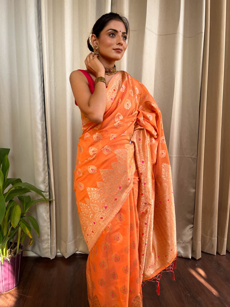 Carrot Orange Meenakari Cotton Silk Saree