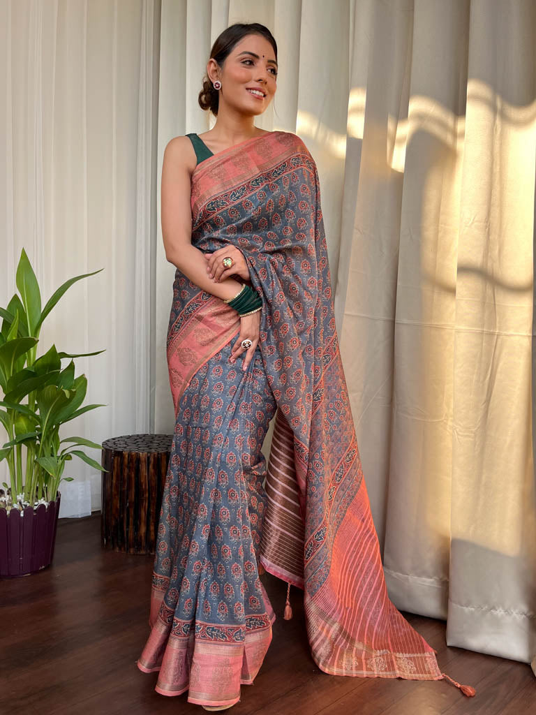 Spruce Blue Naturally Dyed Bagru Cotton Silk Saree