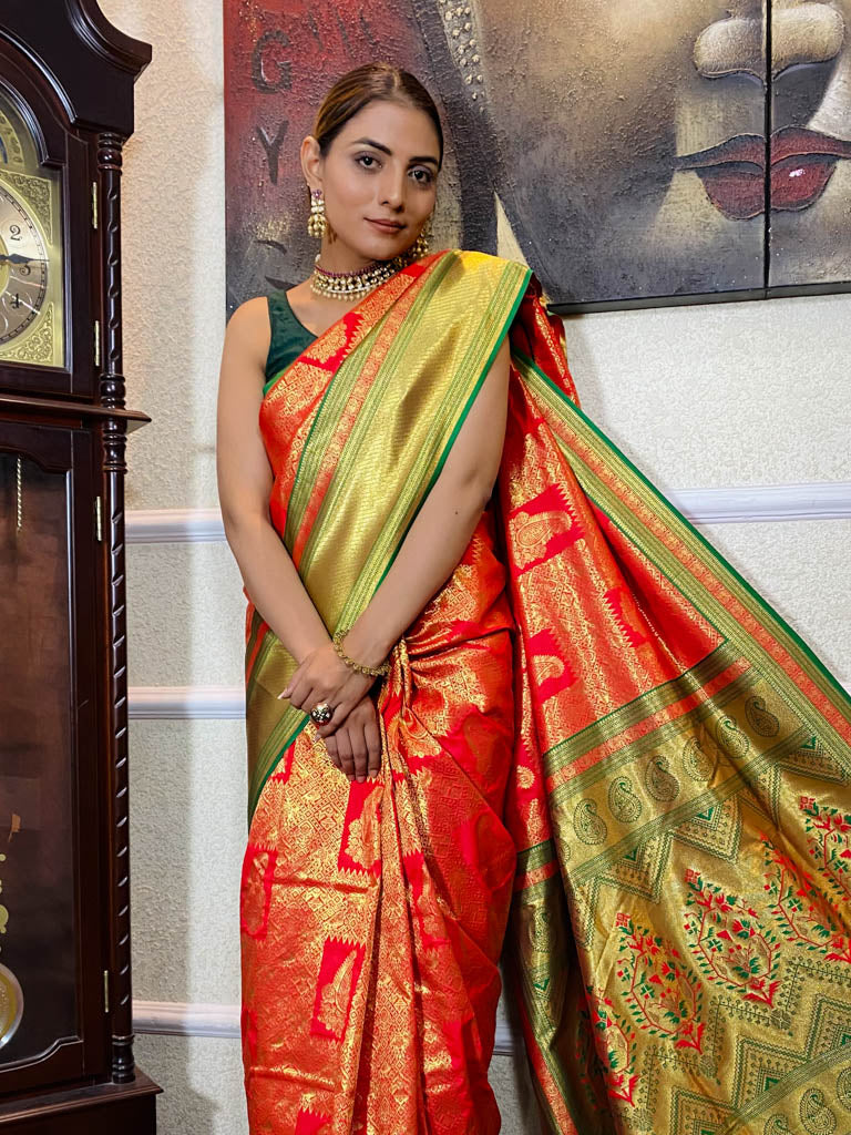 Scarlet Red Kanjeevaram Silk Banarasi Handloom Saree