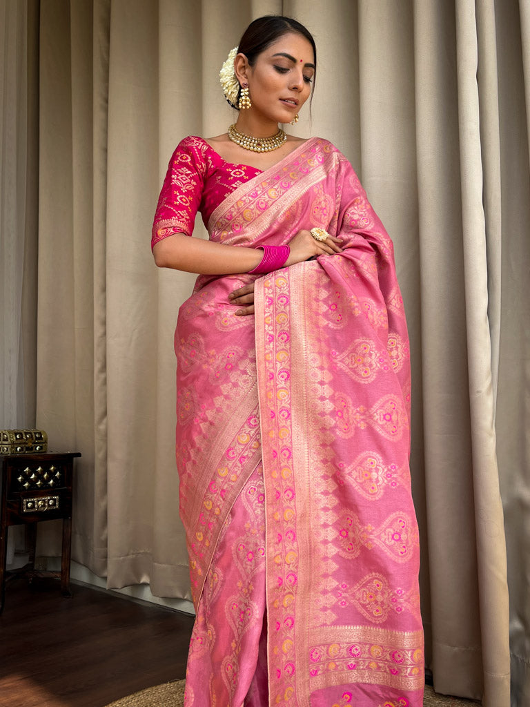 Onion Pink Meenakari Banarasi Uppada Silk Saree