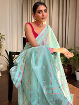 Turquoise Green French Organza Silk Saree