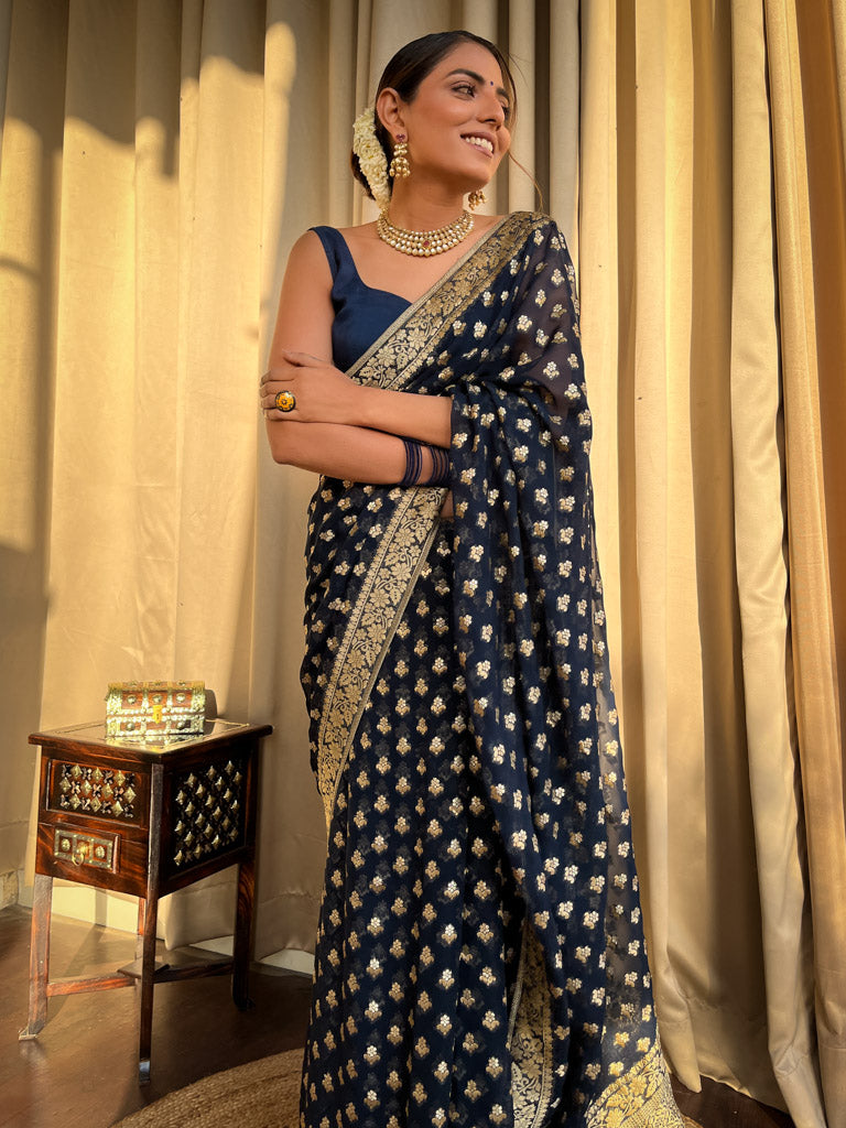 Midnight Blue Banarasi Khaddi Weaved Georgette Saree