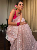 Flamingo Pink Organza Silk Saree with Scalloped Border