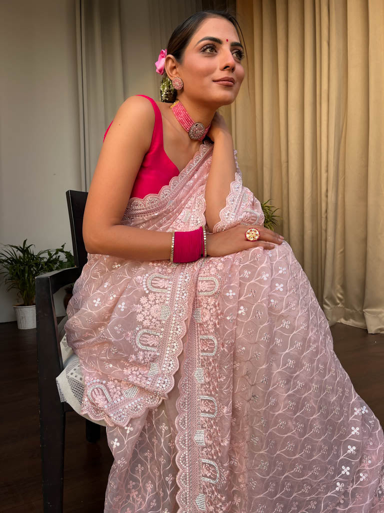 Flamingo Pink Organza Silk Saree with Scalloped Border
