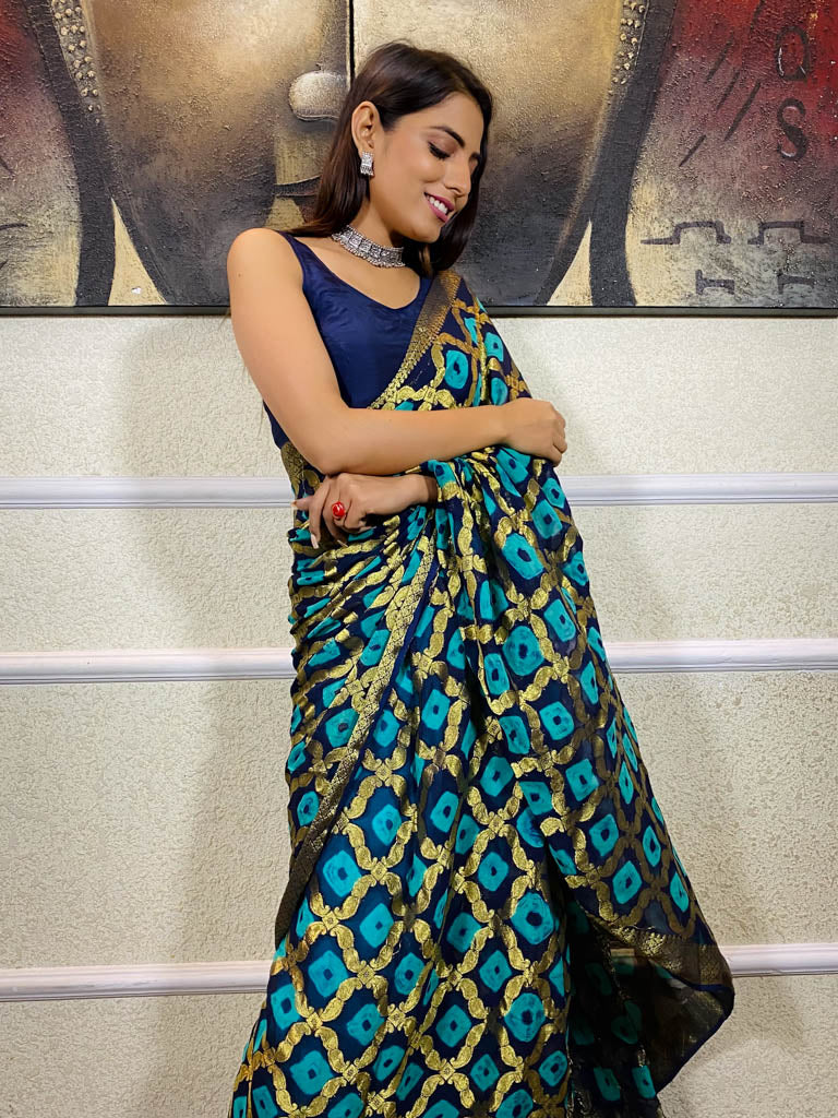 Admiral Blue Georgette Bandhej Saree