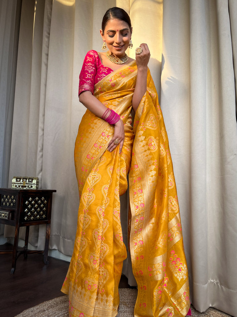 Mustard Yellow Meenakari Banarasi Uppada Silk Saree