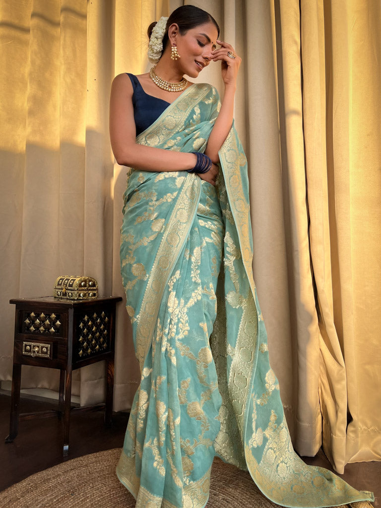 French green Banarasi Khaddi Weaved Georgette Saree