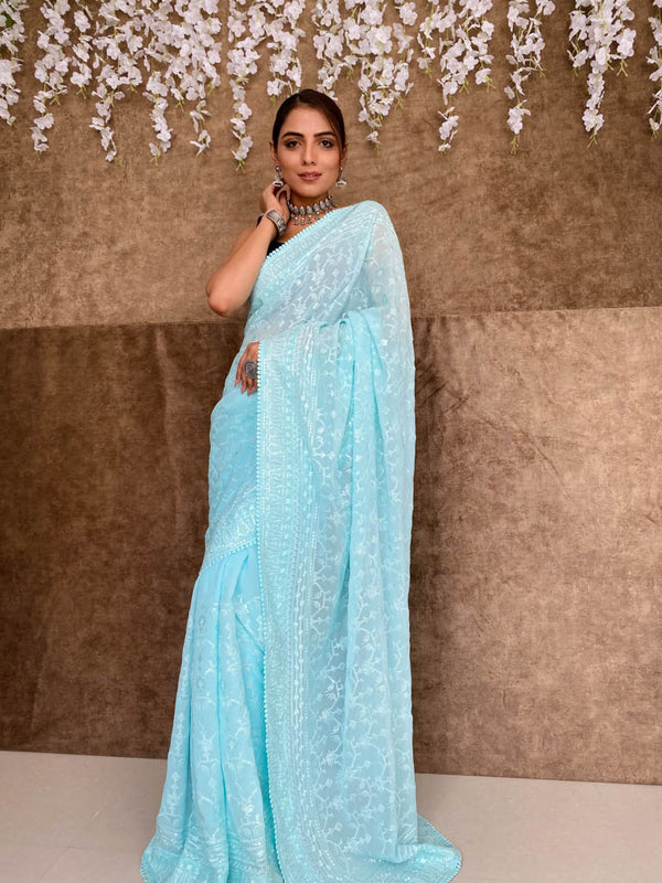 Arctic Blue Chikankari Sequined Georgette Saree