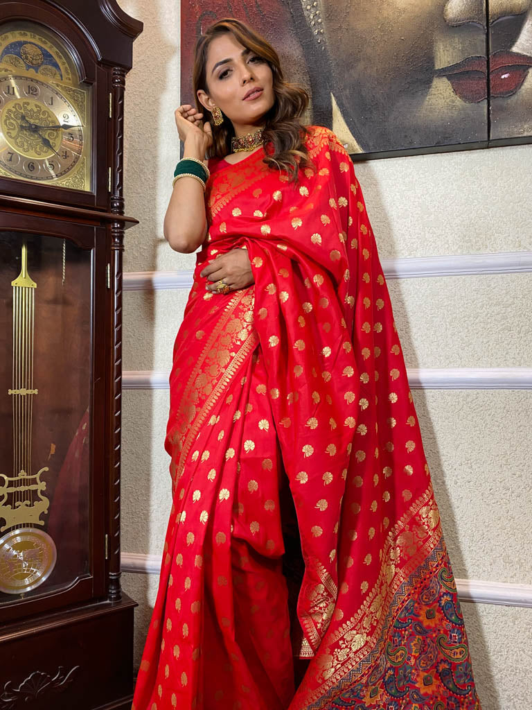 Scarlet Red Banarasi Silk Saree