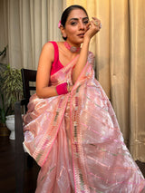 Salmon Pink French Organza Silk Saree