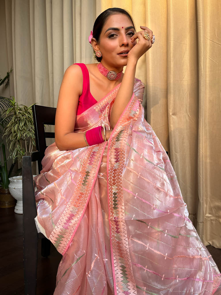 Salmon Pink French Organza Silk Saree