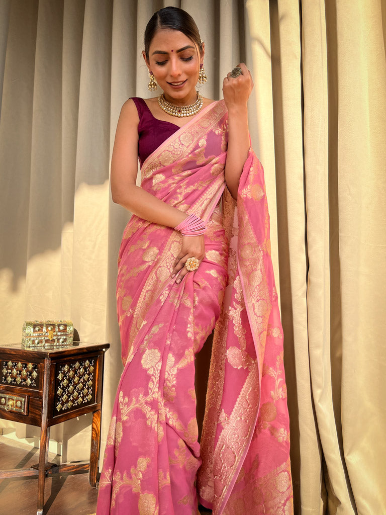 Onion Pink Banarasi Khaddi Weaved Georgette Saree