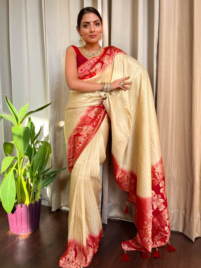 Off White Red Banarasi Silk Saree