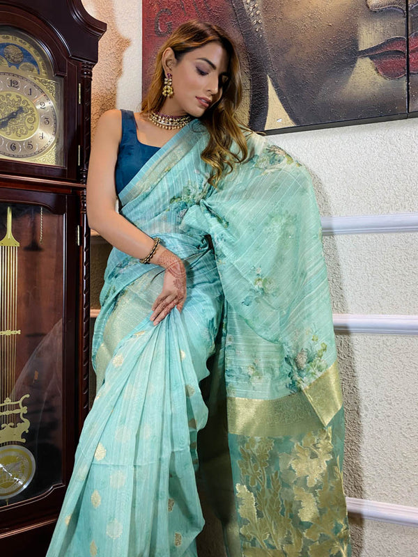 Ocean Blue Kora Silk Saree