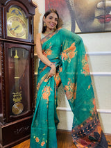 Ocean Green Linen Sequined Saree