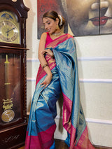 Azure Blue Kanjeevaram Silk Banarasi Handloom Saree
