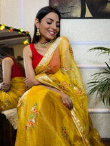 Canary Yellow Organza Silk Saree