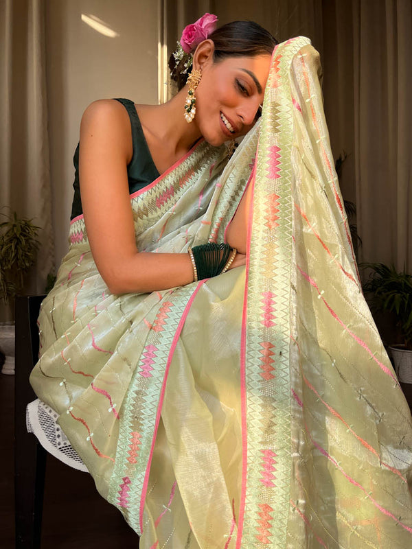 Lime Green French Organza Silk Saree