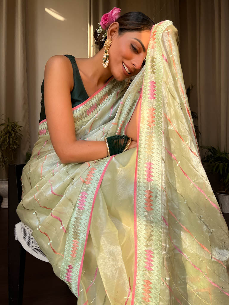 Lime Green French Organza Silk Saree
