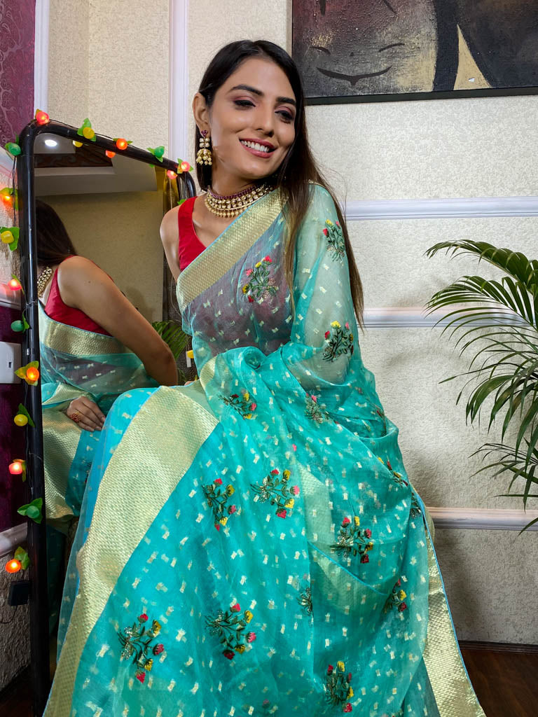 Sapphire Blue Organza Silk Saree