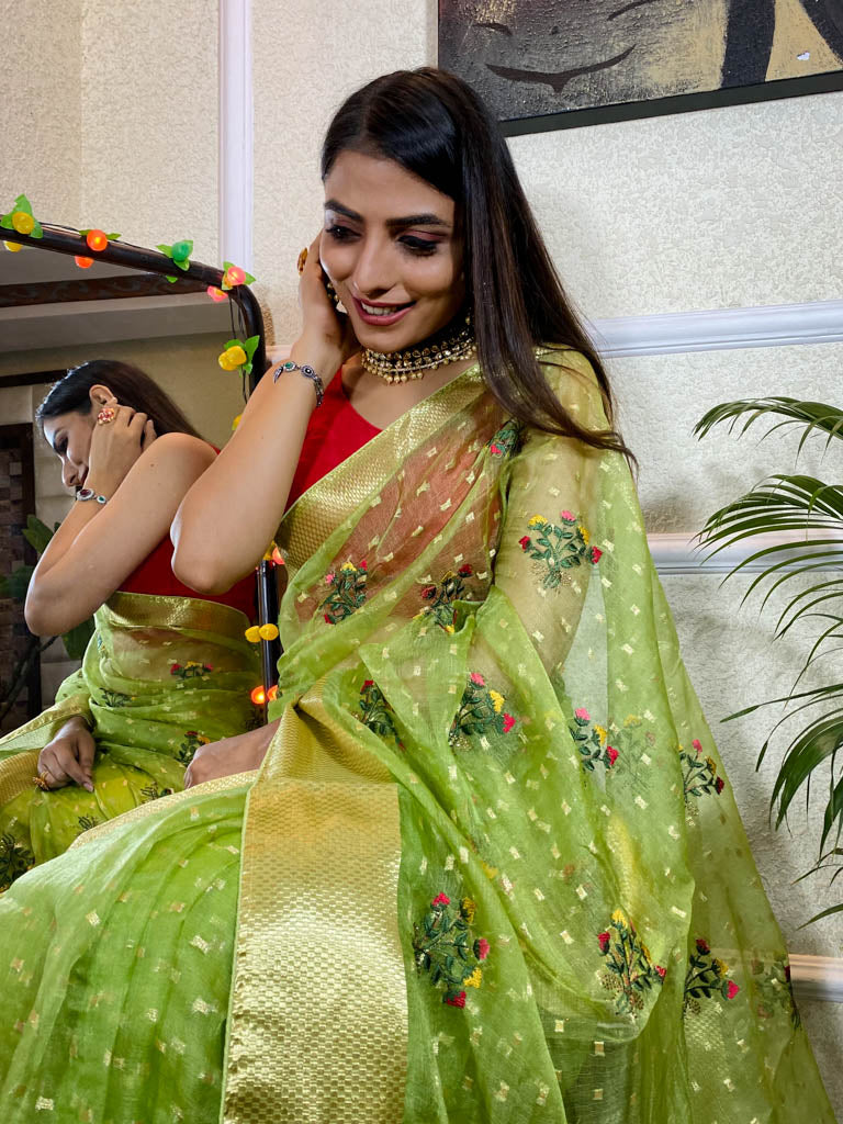 Parakeet Green Organza Silk Saree