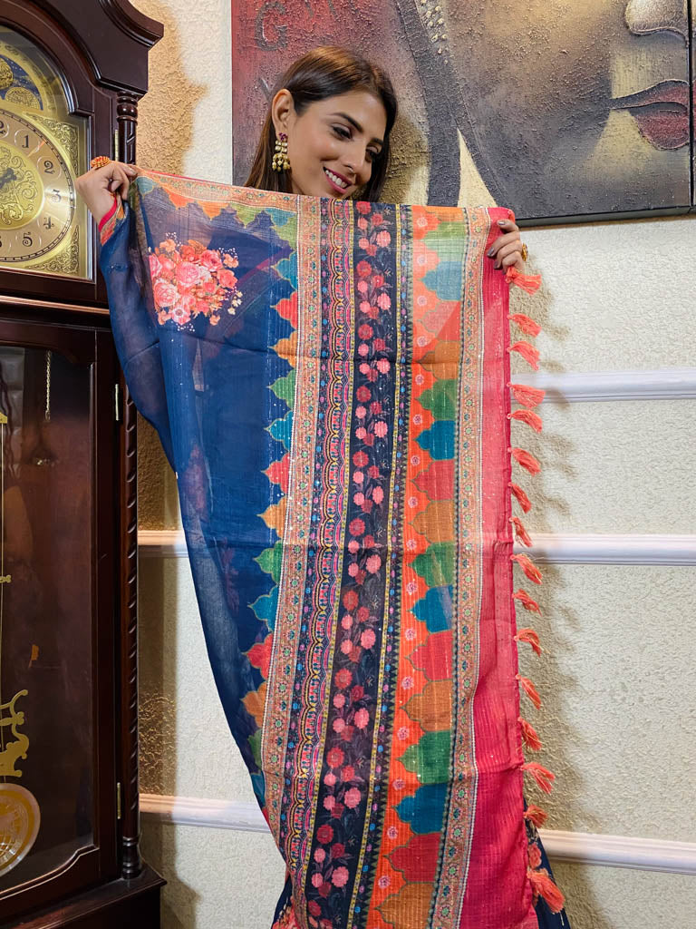 Azure Blue Linen Sequined Saree