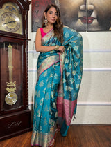 Turquoise Blue Woven Cotton Silk Saree
