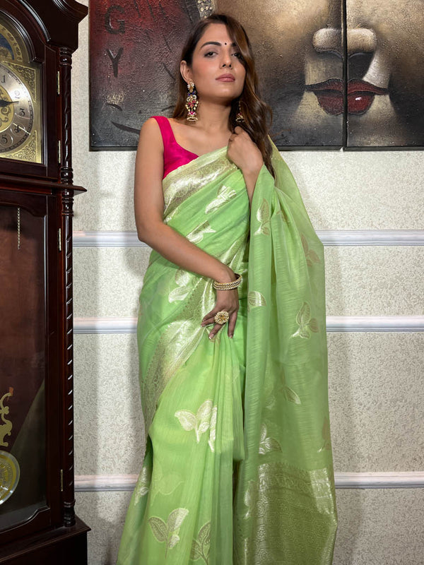 Parrot Green Cotton Silk Saree