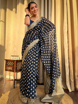 Midnight Blue Banarasi Khaddi Weaved Georgette Saree
