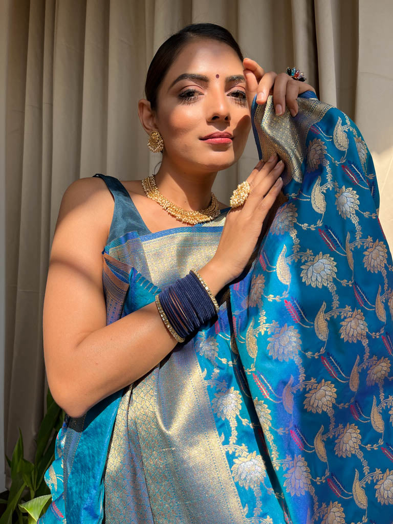 Azure blue Meenakari Banarasi Silk Saree