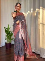 Spruce Blue Naturally Dyed Bagru Cotton Silk Saree