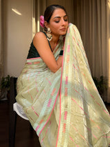 Lime Green French Organza Silk Saree