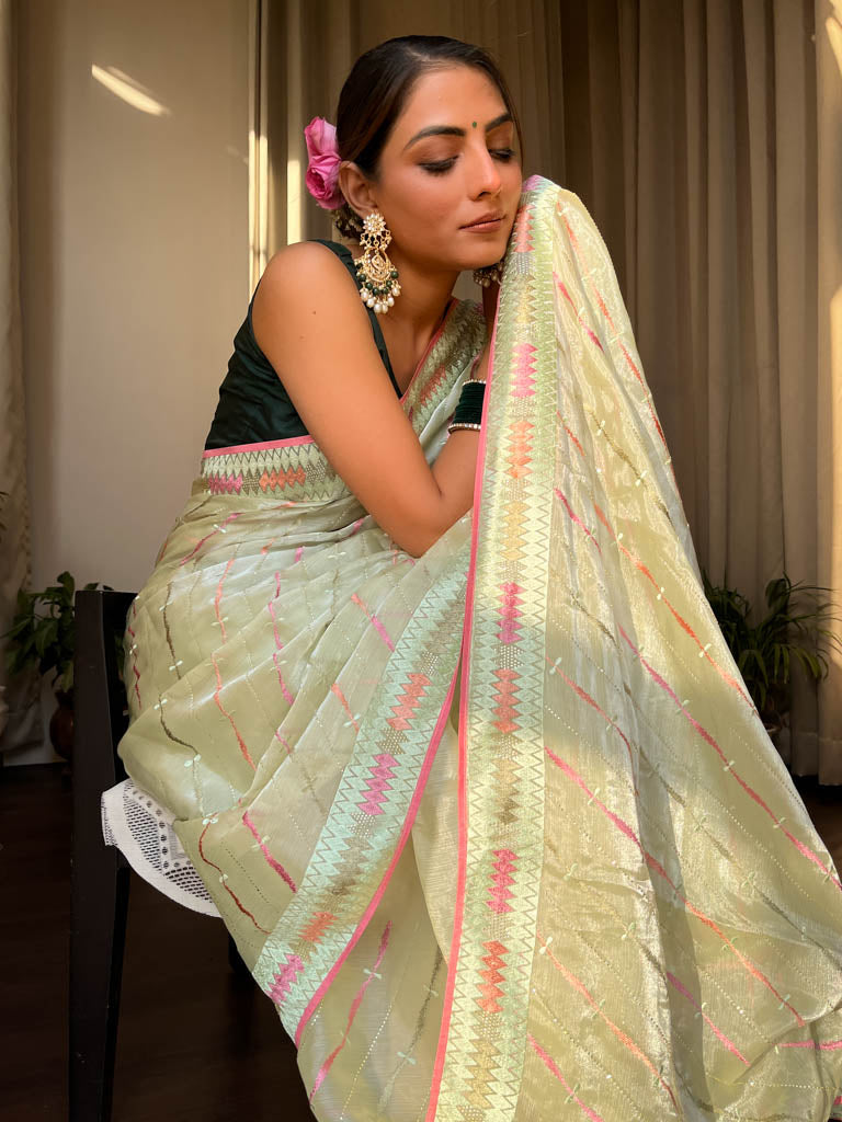 Lime Green French Organza Silk Saree