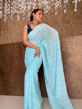 Arctic Blue Chikankari Sequined Georgette Saree