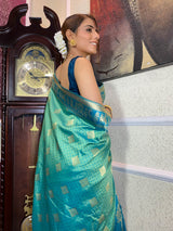 Teal Blue Banarasi Handloom Silk Saree