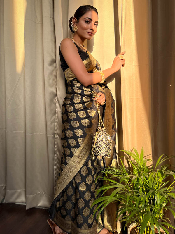 Midnight Black Banarasi Silk Saree