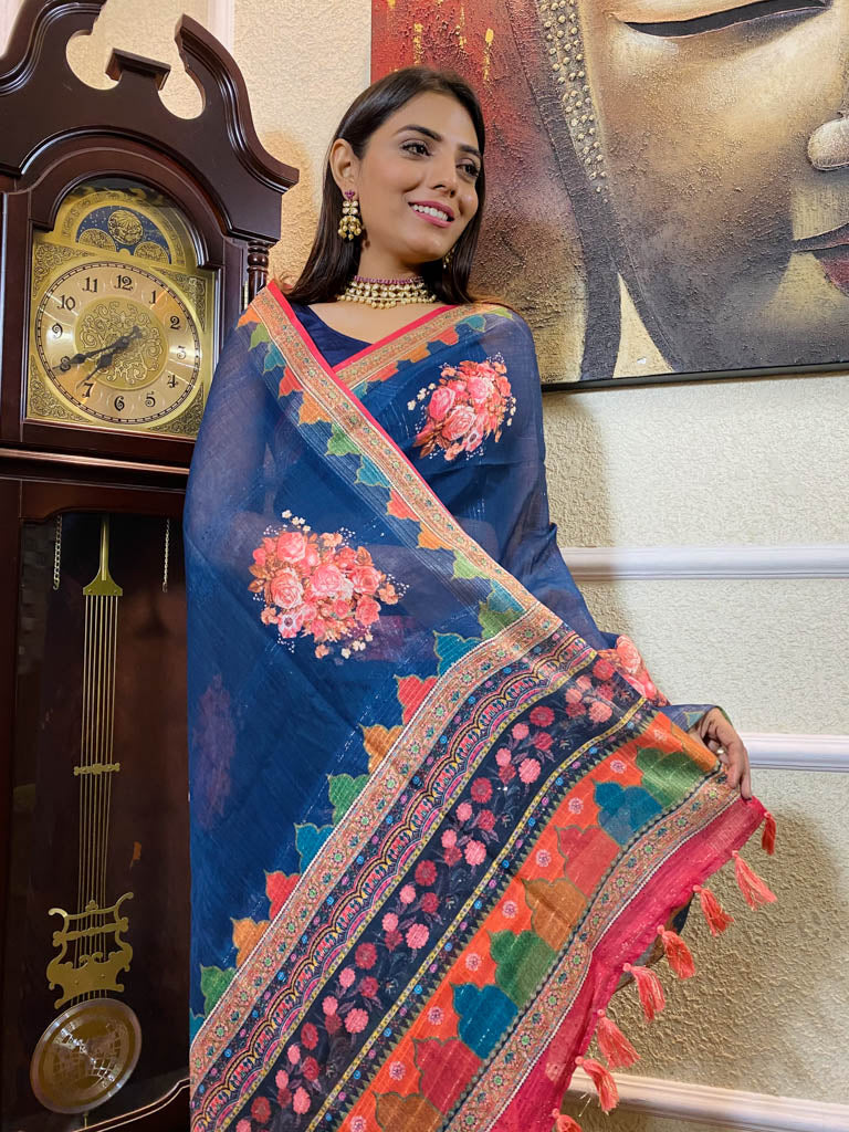 Azure Blue Linen Sequined Saree