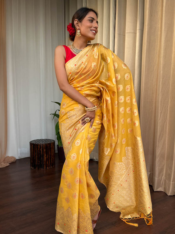 Tuscan Yellow Meenakari Cotton Silk Saree