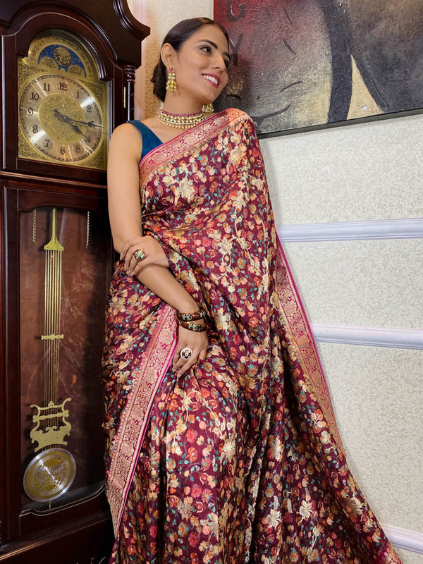 Sangria Red Designer Banarasi Silk Saree