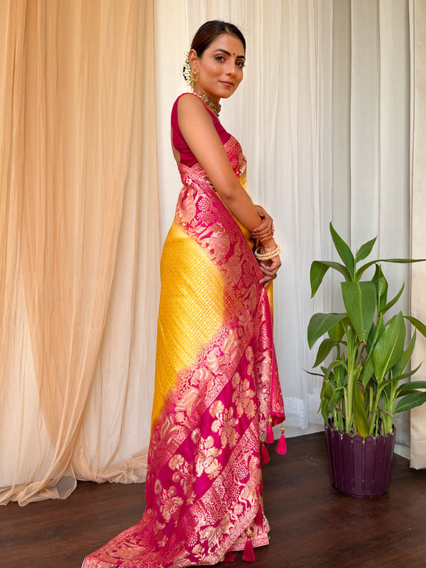 Mustard Rani Hand Dyed Banarasi Silk Saree