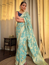 French green Banarasi Khaddi Weaved Georgette Saree