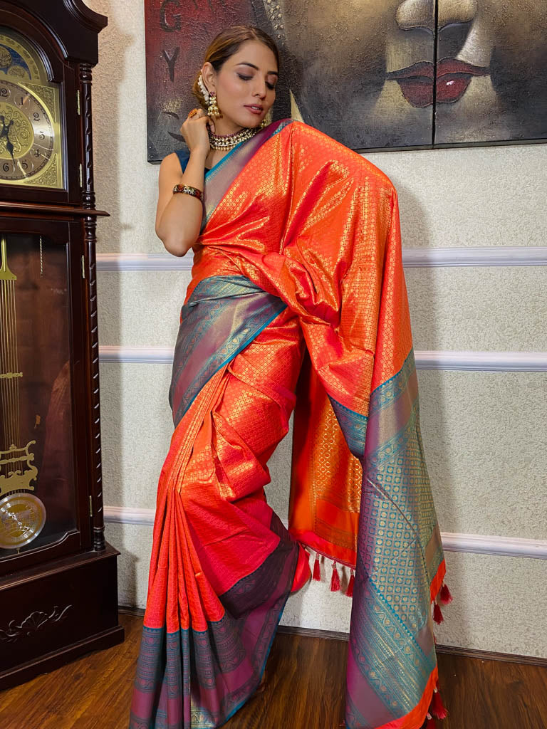 Carrot Orange Kanjeevaram Silk Banarasi Handloom Saree