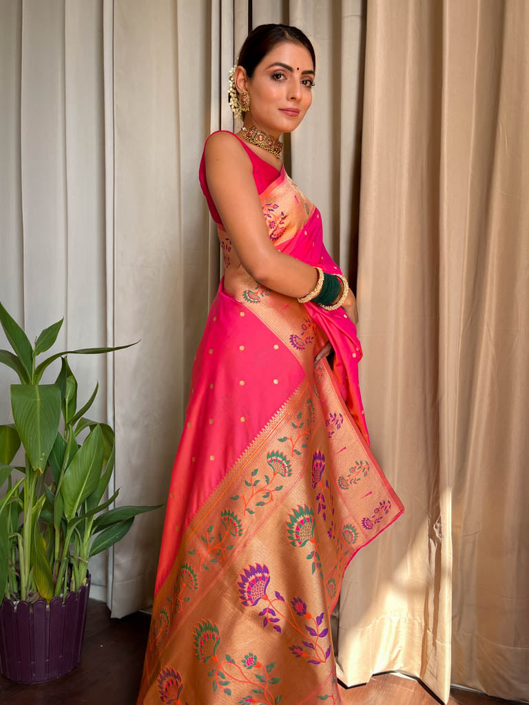 Carrot Pink Paithani Silk Saree