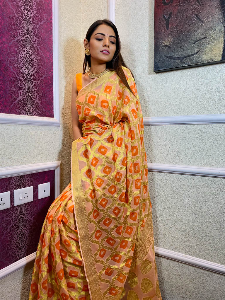Pastel Orange Georgette Bandhej Saree