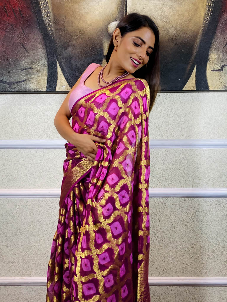 Mulberry Wine Georgette Bandhej Saree