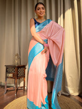 Peach Pink Antique Silver Kanjeevaram Silk Saree