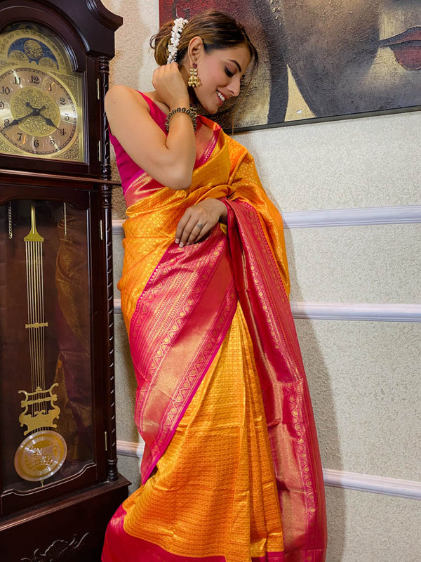 Mustard Gold Kanjeevaram Silk Banarasi Handloom Saree