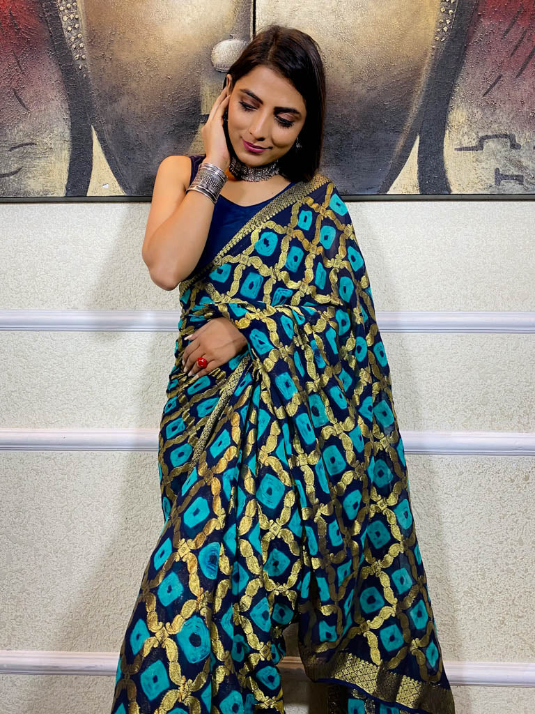Admiral Blue Georgette Bandhej Saree