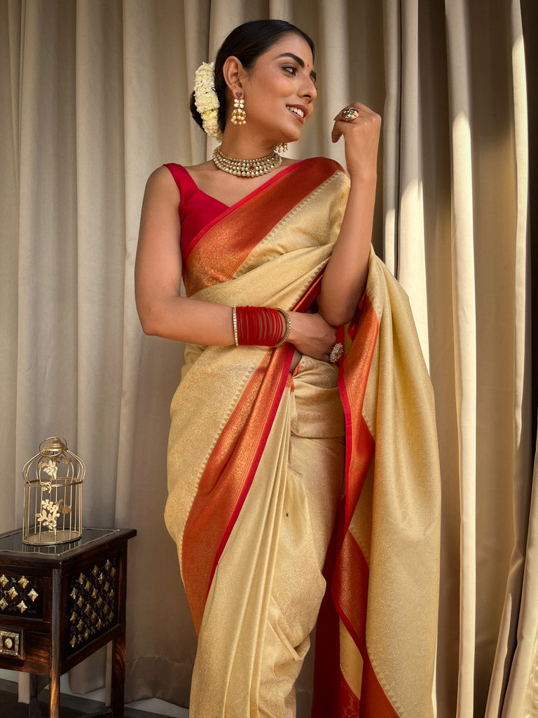 Off-White Tissue Korvai Kanjivaram Silk Saree With Floral Design |  Singhania's